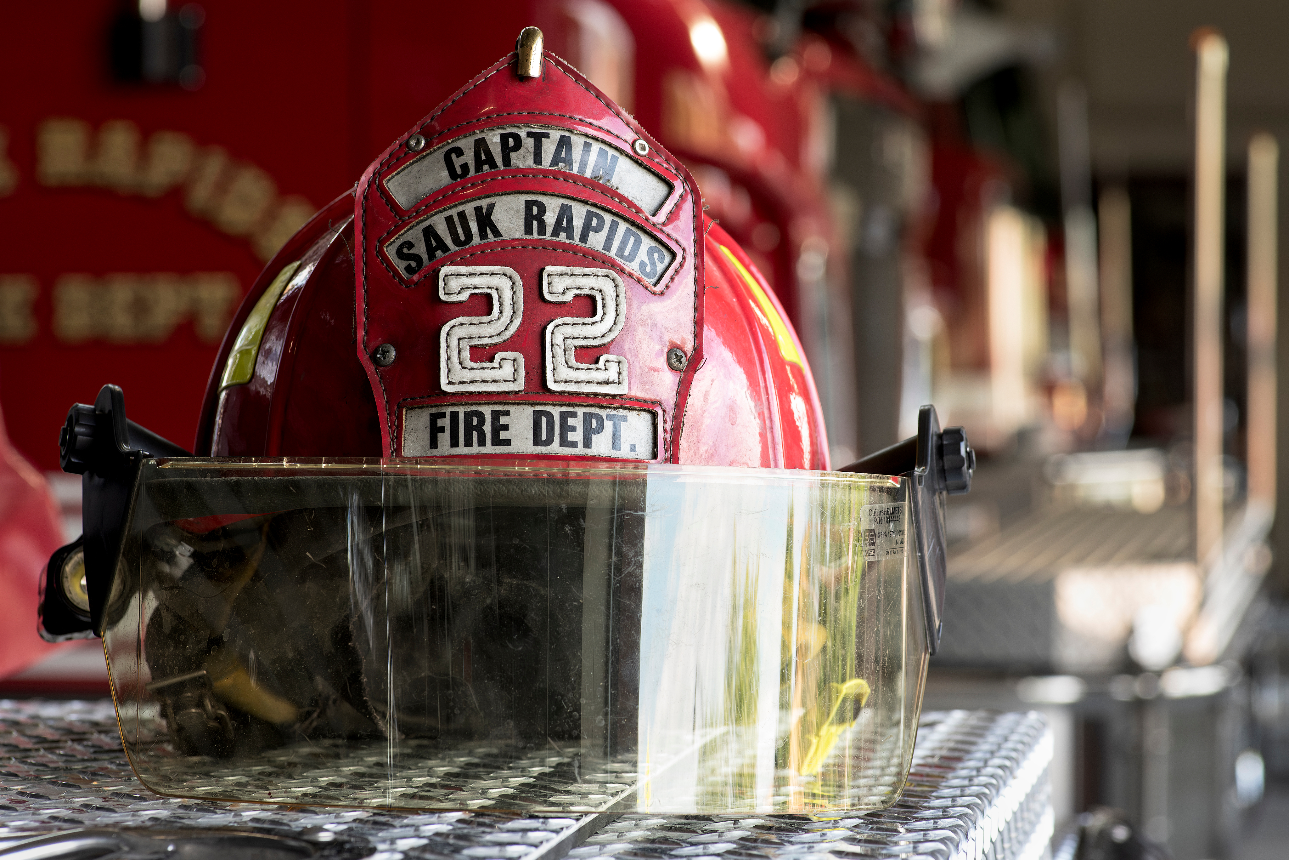 Sauk Rapids fire helmet representing Jared Gapinski's service as a firefighter and Fire Captain in Central Minnesota